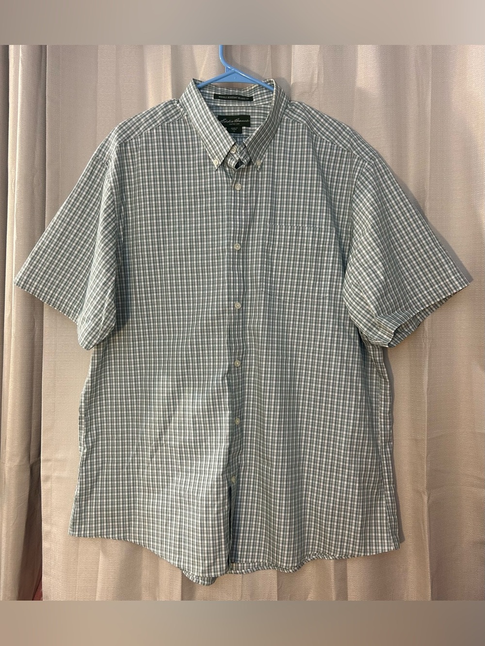 Eddie Bauer Mens XL Check
Button Down Shirt Short Sleeve Green Khaki Relaxed Fit
